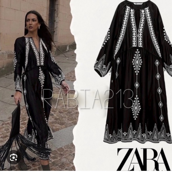 ZARA MIDI EMBROIDERED DRESS BLACK LONG SLEEVE  size s - Picture 2 of 8